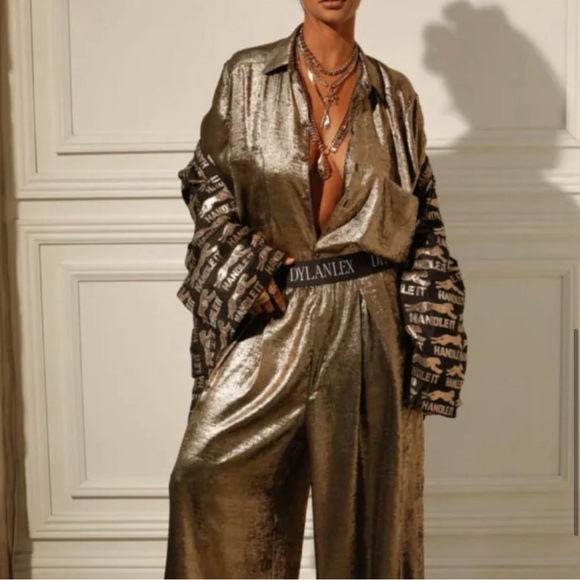 Dylanlex Pants - Dylanlex Metallic Wide-Leg Pants in Gold